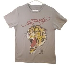 Ed Hardy Mens Gray Tiger Graphic T-Shirt Short Sleeve Crew Neck Small Y2K Tattoo
